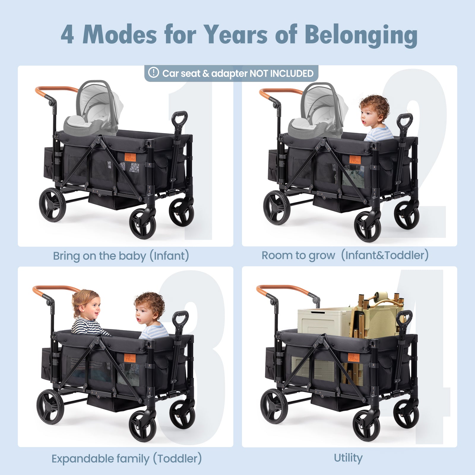 ZTDM 2 Kids All-Terrain Stroller Wagon with Canopy,Footwell