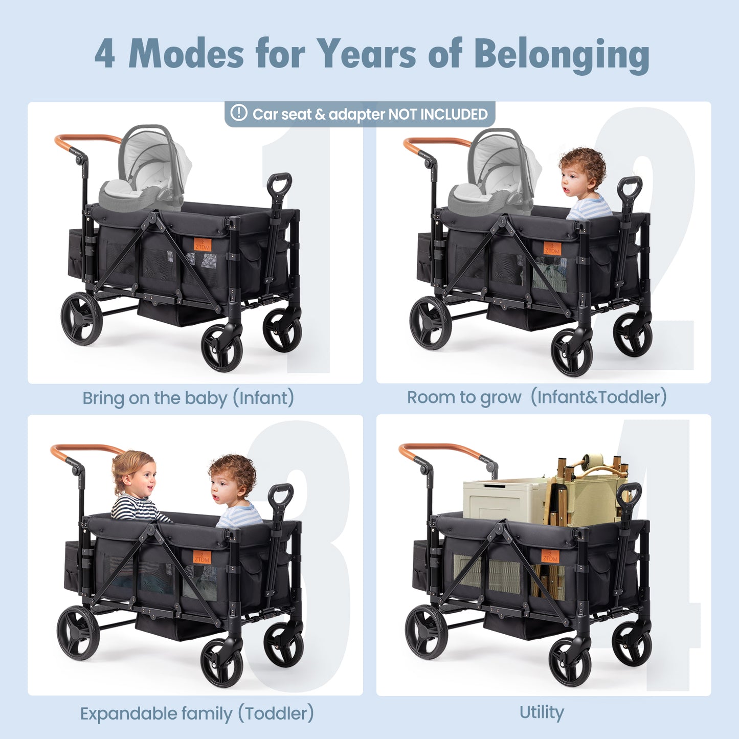double wagon stroller for infant and toddler ZTDM Wagon Stroller for 2 Kids, High Seat & 5 Point Harness, Foldable All-Terrain Wagon for Toddler with Canopy, Parent Organizer, Shoulder Bag,
