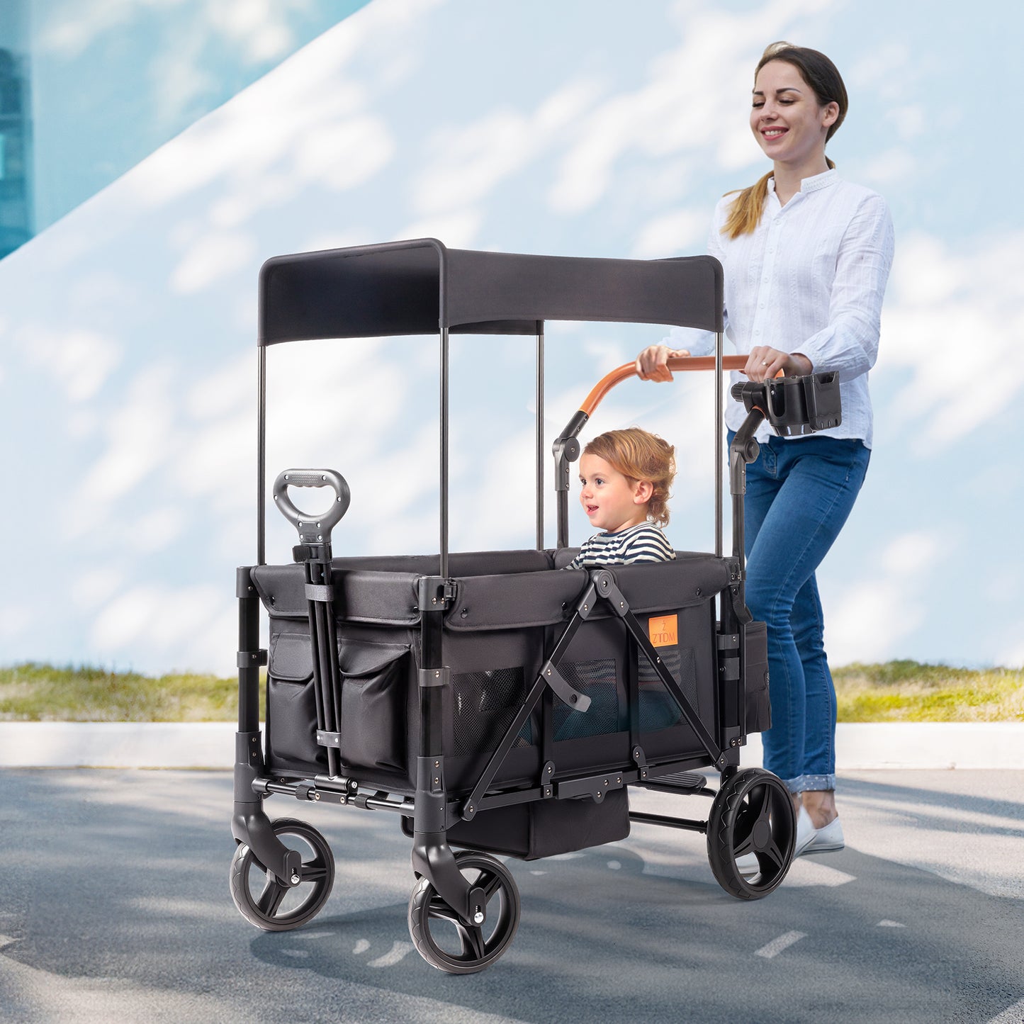 travel stroller wagon ZTDM Wagon Stroller for 2 Kids, High Seat & 5 Point Harness, Foldable All-Terrain Wagon for Toddler with Canopy, Parent Organizer, Shoulder Bag,