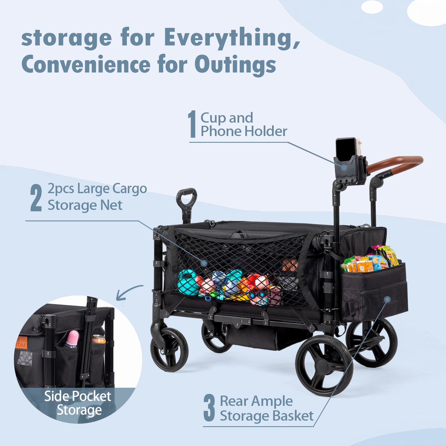vertical double stroller ZTDM Wagon Stroller for 2 Kids, High Seat & 5 Point Harness, Foldable All-Terrain Wagon for Toddler with Canopy, Parent Organizer, Shoulder Bag,