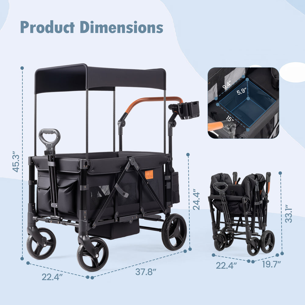 zoe double stroller dimensions ZTDM Wagon Stroller for 2 Kids, High Seat & 5 Point Harness, Foldable All-Terrain Wagon for Toddler with Canopy, Parent Organizer, Shoulder Bag,